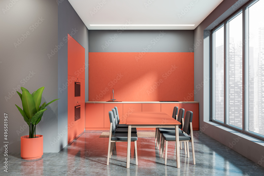 Fototapeta premium Dark kitchen room interior with dining table with chairs