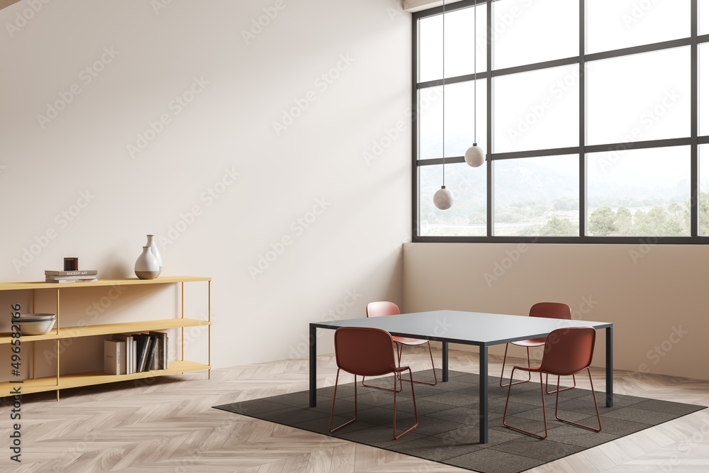 Light office room interior with table and seats, shelf and window. Mockup Light office room interior with table and seats, shelf and window. Mockup