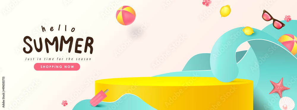 Summer sale banner with beach vibes decorate and product display cylindrical shape - obrazy, fototapety, plakaty 