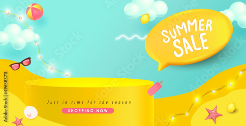 Summer sale banner with product display cylindrical shape