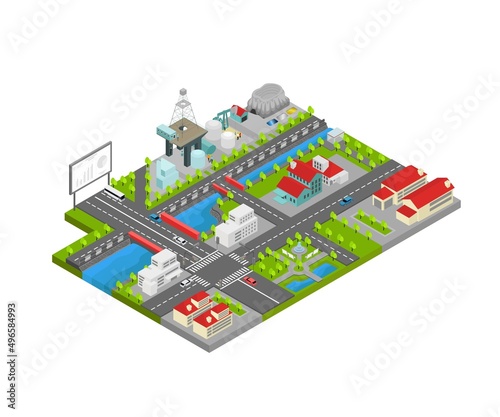 Illustration of a city map with mining site in isometric style