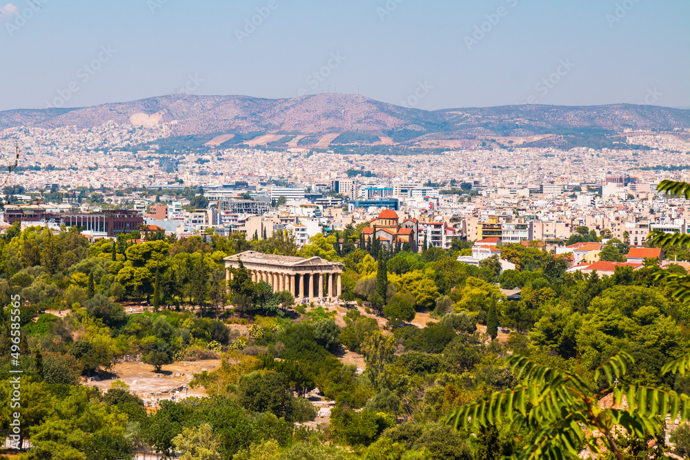 Panoramic view on Athens from Acropolis with Temple of Hephaestus