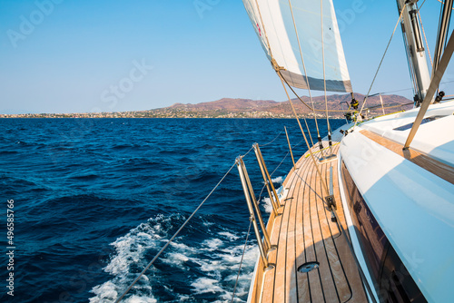 Sailing yacht on the way in Saronic Gulf, Greece to Anavyssos, Saronikos, Attica