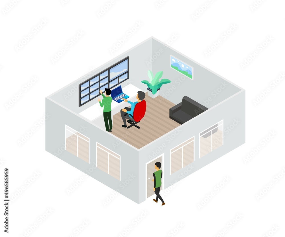 An isometric vector illustration of employees working at the office