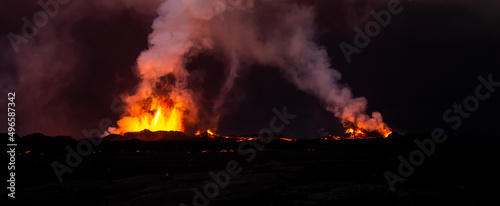Aerial Panorama view of Icelandic active volcanic eruption
