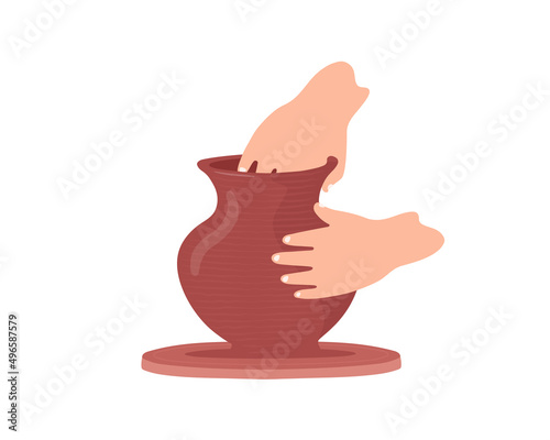 Making a pot. The potter creates a clay vessel. Handmade work. Workshop for the manufacture of pottery. Vector illustration.