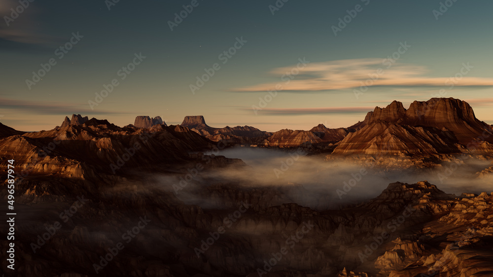 Rock Formations Landscape at sunset or sunrise with fog in the valley. 3D-Illustration