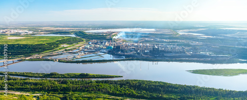 Aerial Panoramic view of  Petrochemical oil refinery Alberta