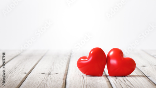 Two Red Wooden Hearts On Rustic Table - Valentine's Day, Mother?s Day Concept with Copy Space - 3D-Illustration