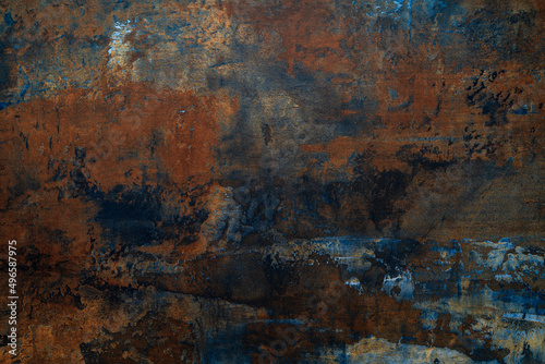 Abstract Art Texture Background. Blue and dark orange old cracked wall surface. Grunge Texture.