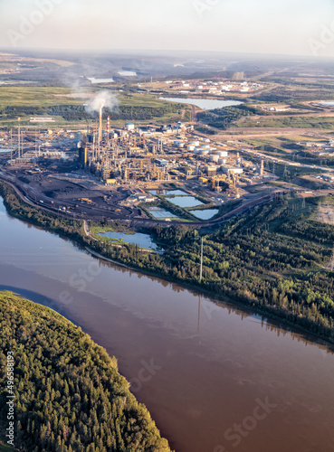 Aerial view of Petrochemical oil refinery Athabasca River
