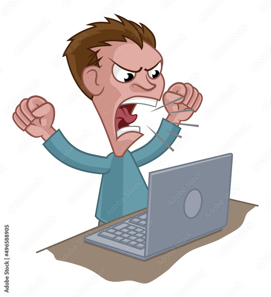 Angry Stressed Man Shouting at Laptop Cartoon Angry Stressed Man Shouting at Laptop Cartoon