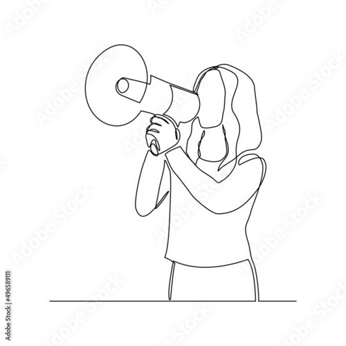 Continuous single one line drawing of business woman holding megaphone to speak announce and advertisement vector illustration