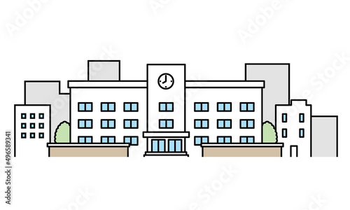学校の校舎とビル街