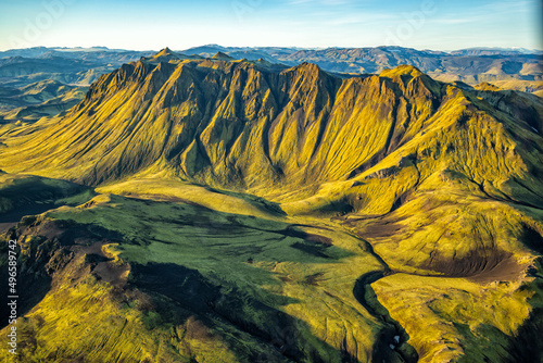 Aerial view of fertile volcanic Landscape Landmannalaugar Iceland