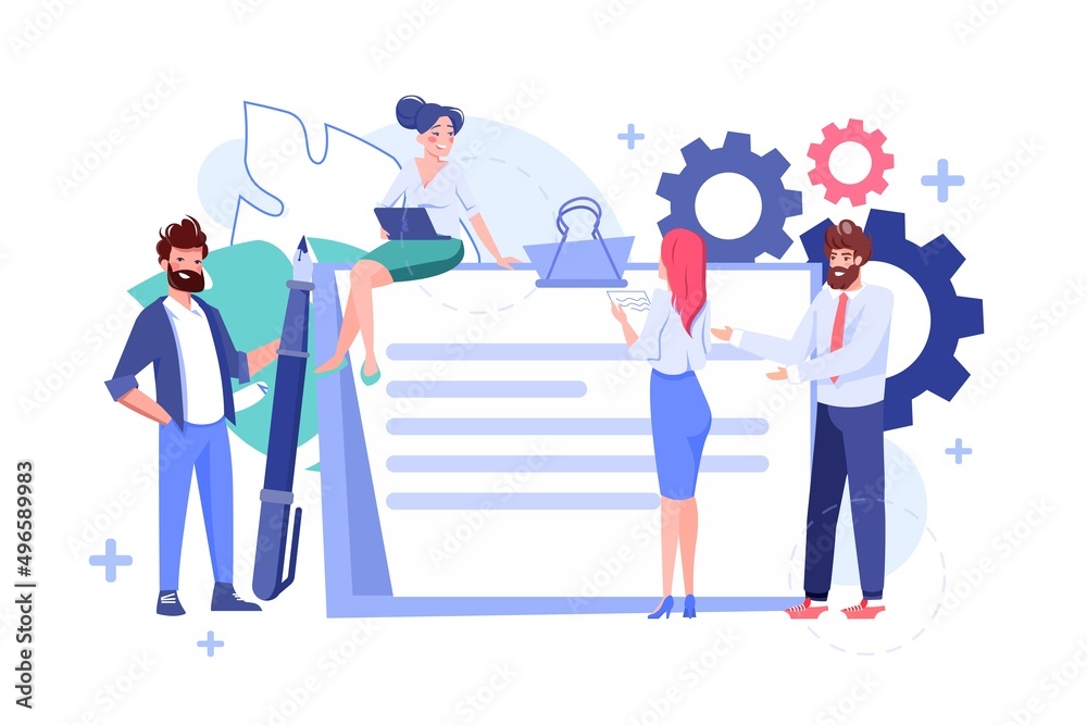 Tiny business people discussing contract or finance agreement paper document flat vector illustration. Businessman pen holding pen, businesswoman talking. Paperwork and project investigation concept Tiny business people discussing contract or finance agreement paper document flat vector illustration. Businessman pen holding pen, businesswoman talking. Paperwork and project investigation concept
