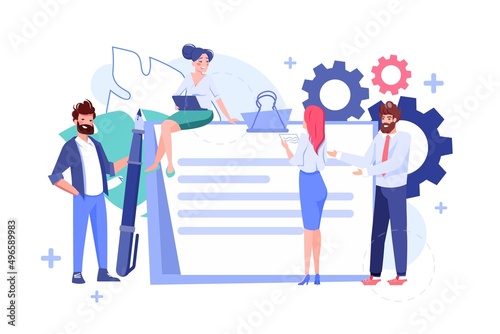 Tiny business people discussing contract or finance agreement paper document flat vector illustration. Businessman pen holding pen, businesswoman talking. Paperwork and project investigation concept