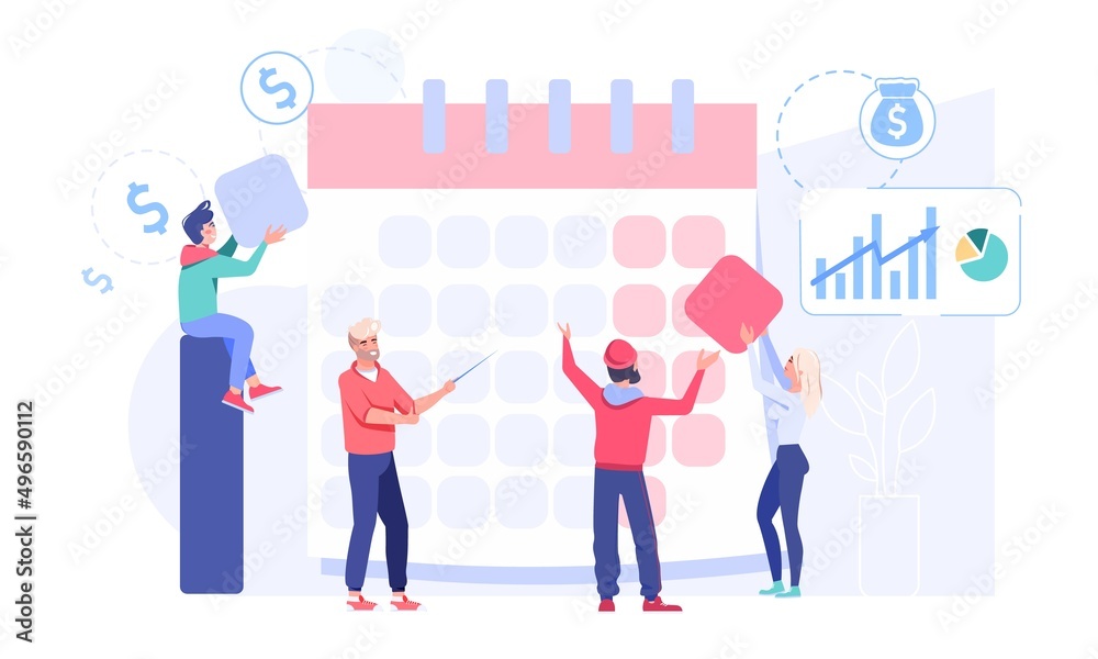 Business people team engaged in planning organizing office work process flat vector illustration. Entrepreneurship and calendar schedule creation concept