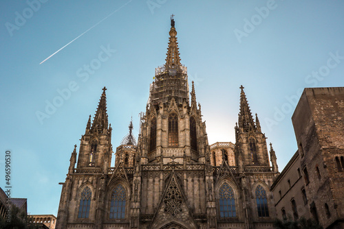The Cathedral of the Holy Cross and Saint Eulalia in Catalonia. Architecture of Barcelona Cathedral with Blue Sky.