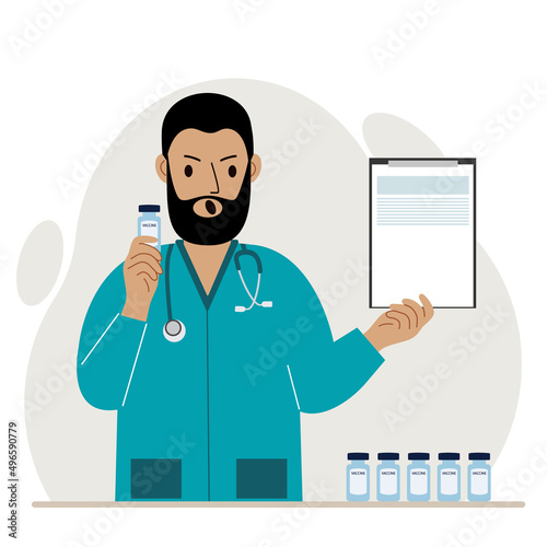 The concept of vaccination. The doctor is holding a vaccine and a document. Delivery of the vaccine. Social media campaign concept, flyer.