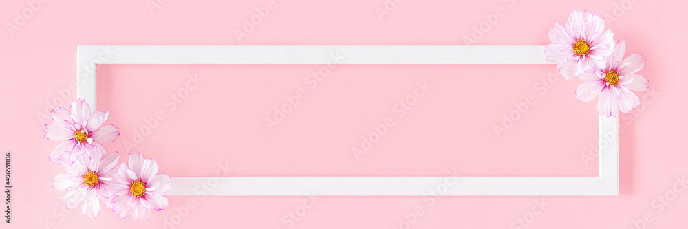 Banner with white wooden frame decorated of flowers on a pink background. Flat Lay Top view Copy space