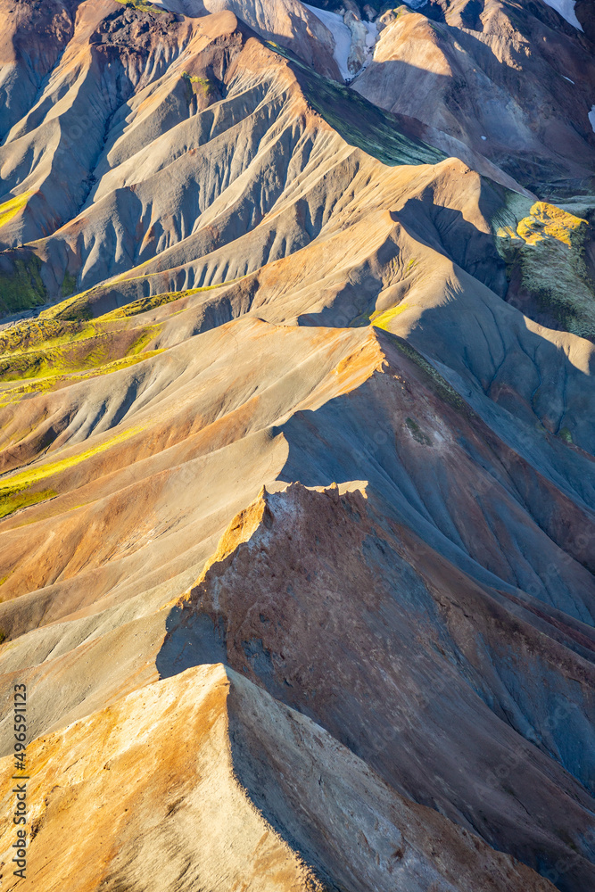 Aerial of Icelandic Landmannalaugar mineral rich volcanic mountains