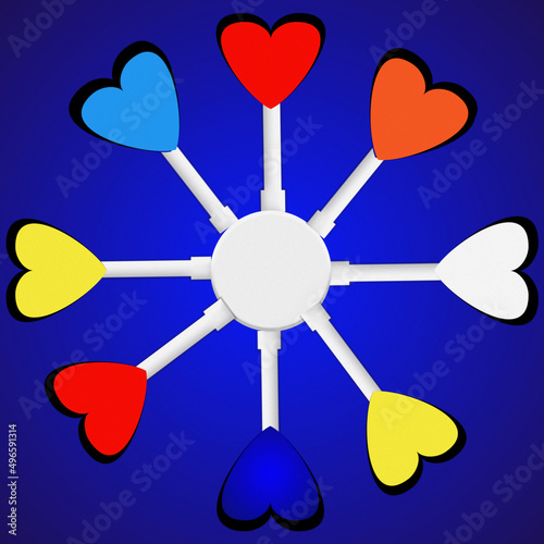 3D Rendering colorful hearts shape abstract a circles isolated on blue background. valentine s day concept
