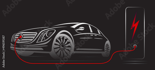 Electric car with charging stations by sketch line rear view. Sportcar isolated on black background. Vector illustration