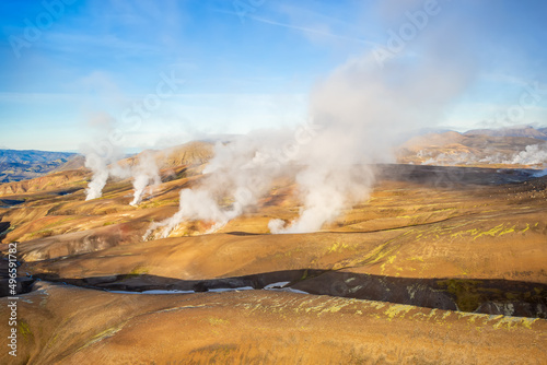 Aerial view of natural hot springs Iceland Landmannalaugar