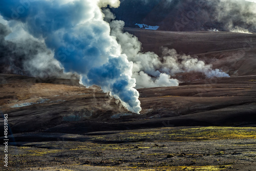 Aerial steam rising from open volcanic fissures Iceland