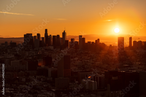 Aerial Silhouette sunrise view over Los Angeles California © Spotmatik