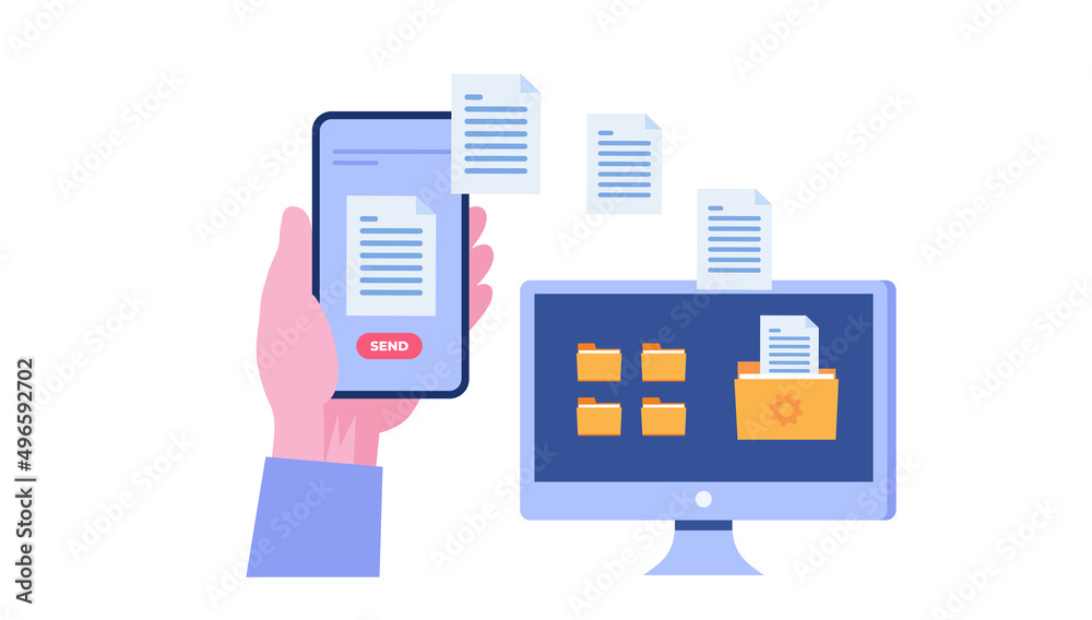 sending a file concept, hand holding a phone, transfer file, mail, sending email flat illustration vector template sending a file concept, hand holding a phone, transfer file, mail, sending email flat illustration vector template