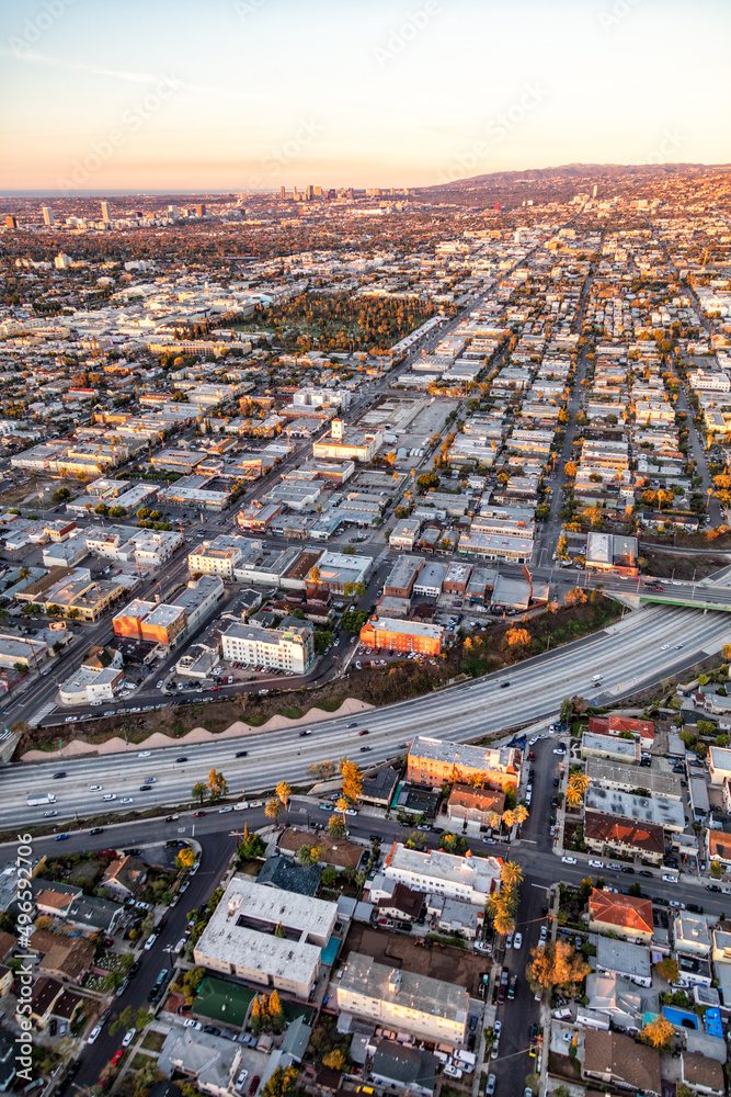 Aerial morning view of Highway traffic Los Angeles