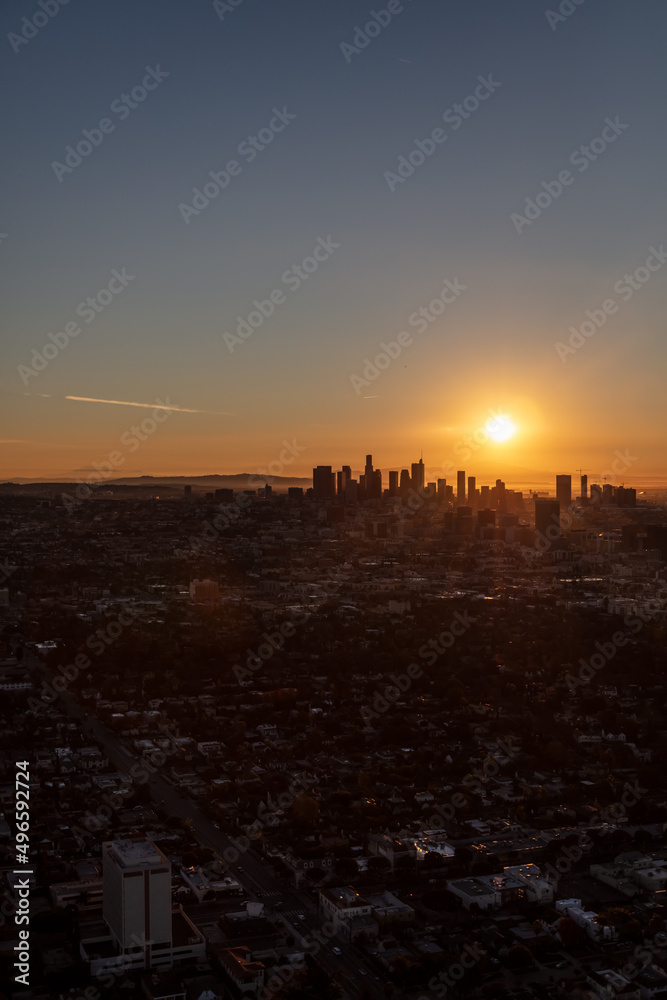 Aerial sunrise over Los Angeles city skyline America