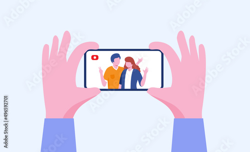 hand holding a phone, take a picture, photo, camera, gadget, cellphone flat illustration vector template