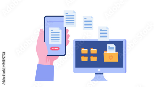 sending a file concept, hand holding a phone, transfer file, mail, sending email flat illustration vector template