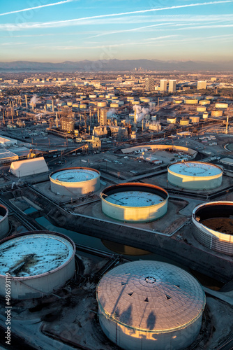 Aerial view of Industrial coastal Petrochemical refinery California