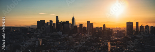 Aerial Panorama view at sunrise over Los Angeles