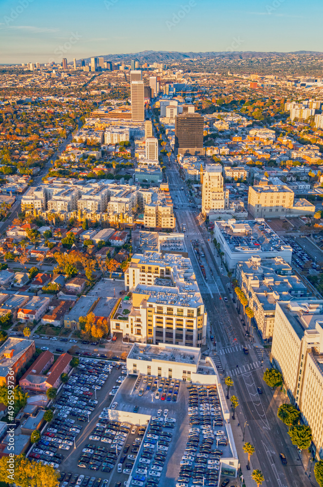 Aerial of sunny Los Angeles residential suburbs California
