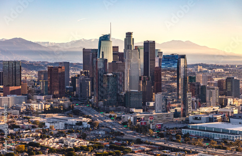 Aerial city sunrise view over Metropolitan Los Angeles