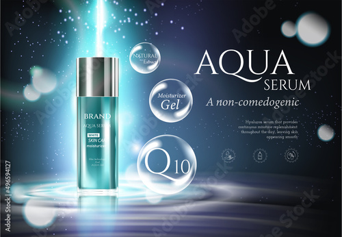 Aqua skin care cosmetic ad promoting poster template. Underwater  blue sunlight ray bubble vector and deep sea realistic background 3d illustration.