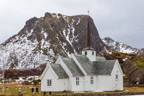 Langenes Norway 02-28-2022.Wooden church at Langenes near Oksnes.  Vesteralen Islands Norway. photo