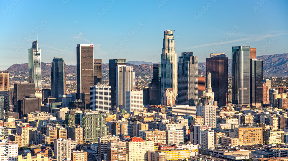 Aerial Los Angeles city skyline Southern California America