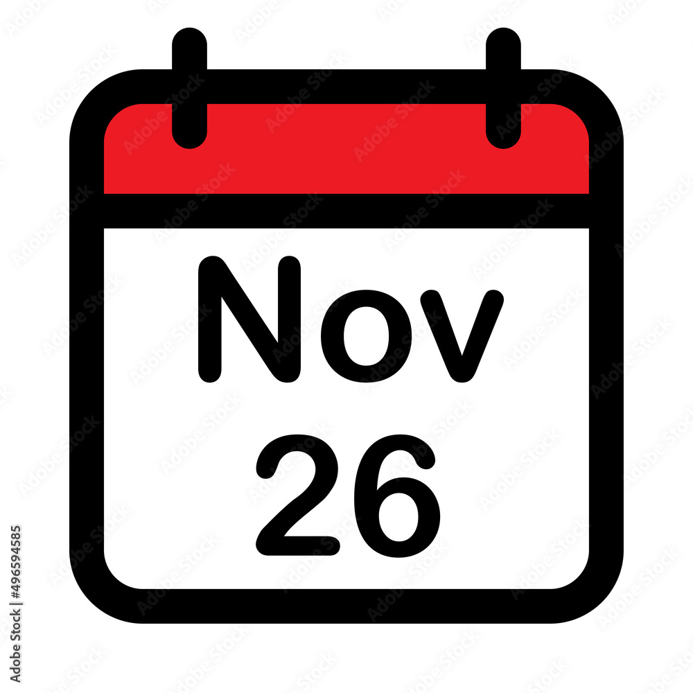 Calendar icon with twenty sixth November Calendar icon with twenty sixth November