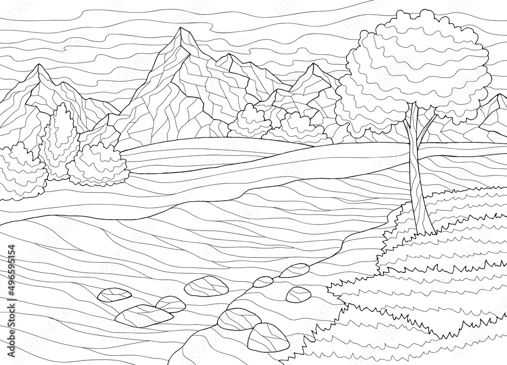 Mountain river graphic black white coloring landscape sketch illustration vector 