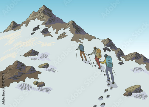 Climbers climb the mountain graphic color landscape sketch illustration vector 