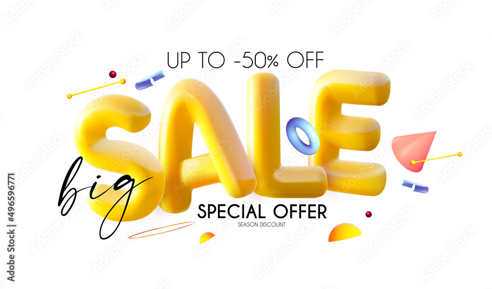 3D sale banner with text and geometric elements on pink background. 3D sale banner with text and geometric elements on pink background.