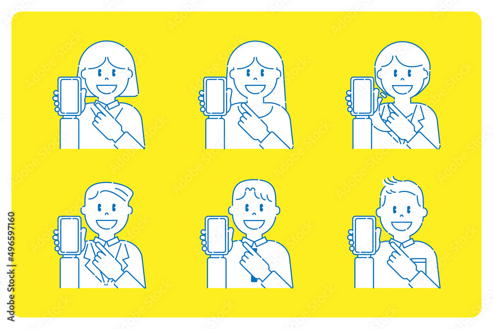 スマートフォンを持って、指さししているいろいろな人2 男性 女性 線画 スマートフォンを持って、指さししているいろいろな人2 男性 女性 線画