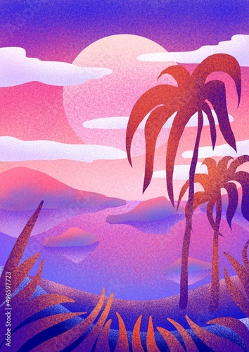 Tropical landscape in pink and lilac tones, palm island sea and sun.