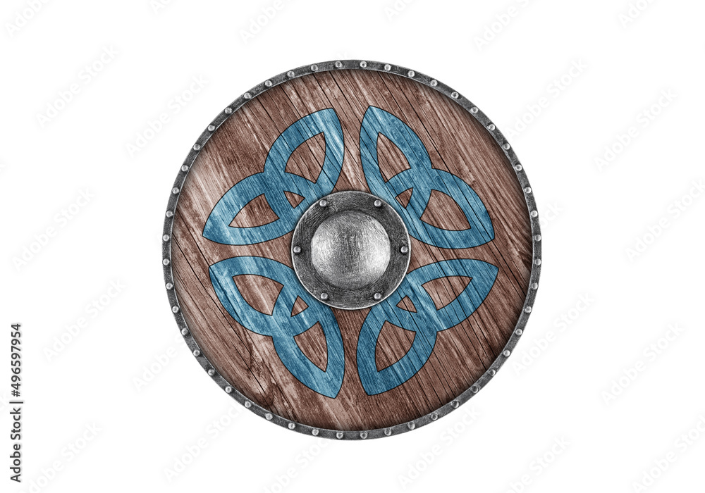 Old decorated wooden round shield isolated on white background